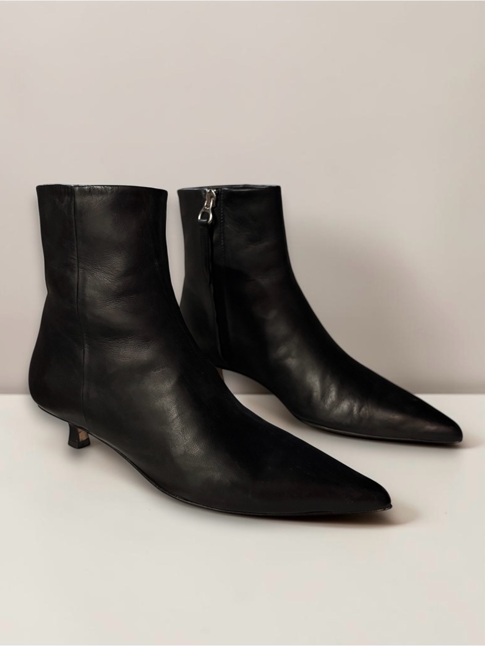 Aeyde Sofie Nappa Leather Kitten Heel Pointed Toe Side Zip Ankle Boots Black